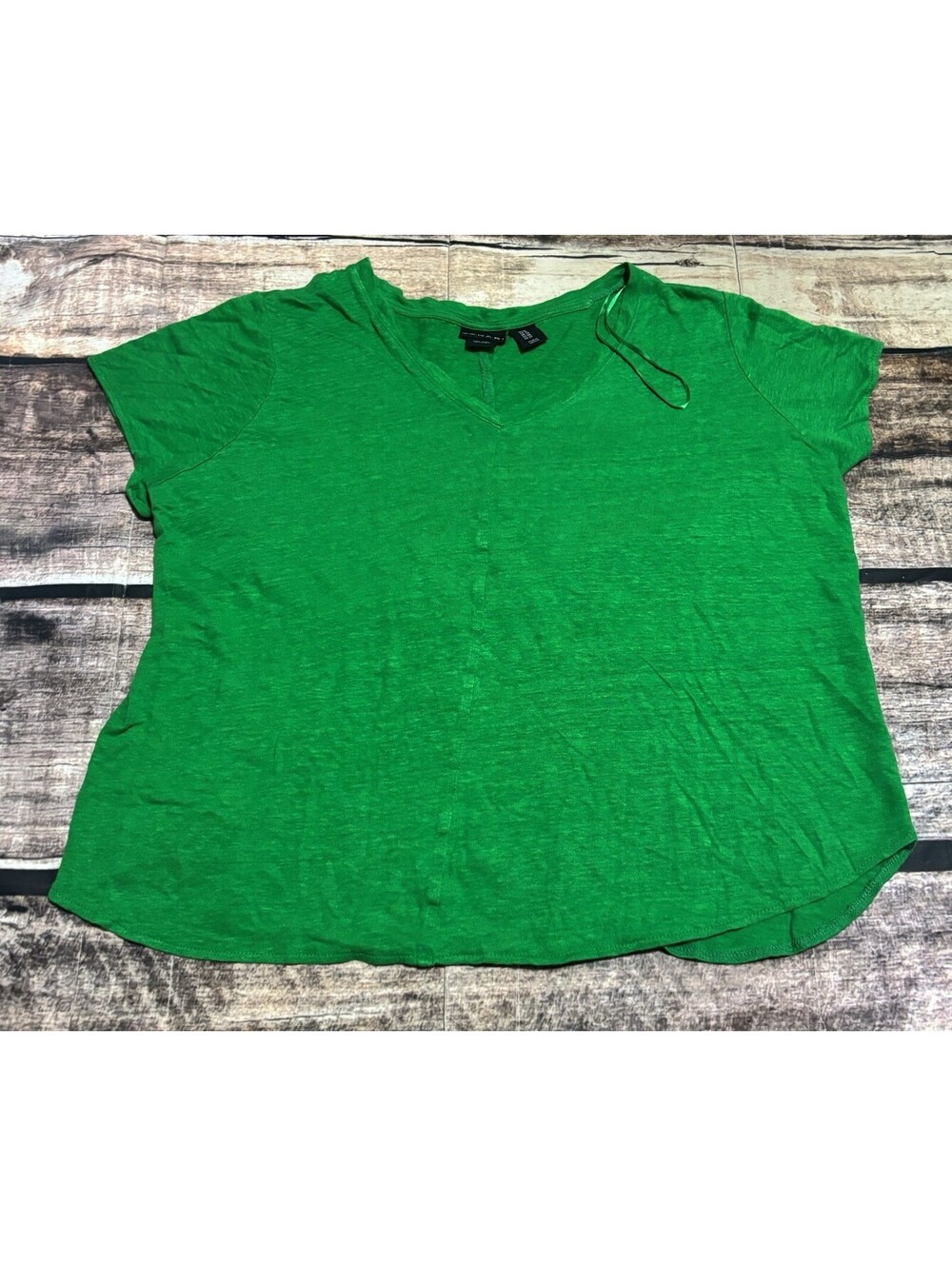 Tahari Top Womens 1X Linen V-Neck Short Sleeve Green